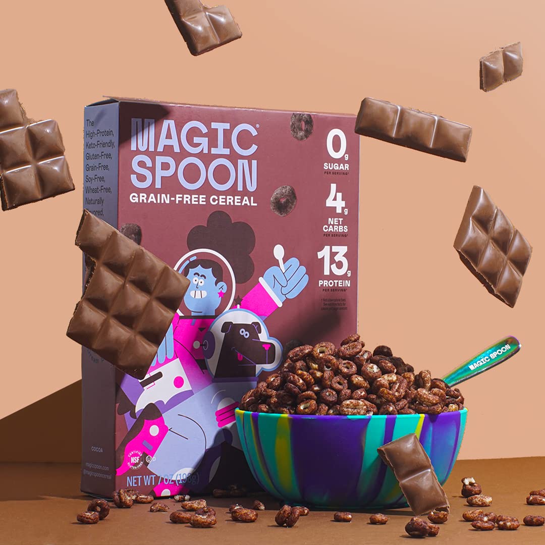 Magic Spoon Cereal, Cocoa 4-Pack Of Cereal And Spoon - Keto & Low Carb Lifestyles, Gluten & Grain Free, High Protein, 0G Sugar