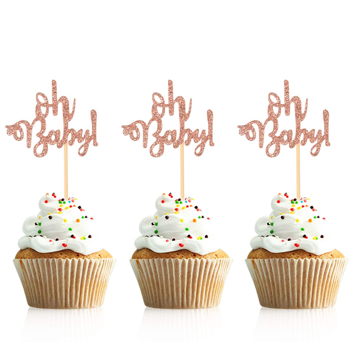 Donoter 48 Pcs Rose Gold Glitter Oh Baby Cupcake Topper Picks For Baby Shower Party Cake Decorations