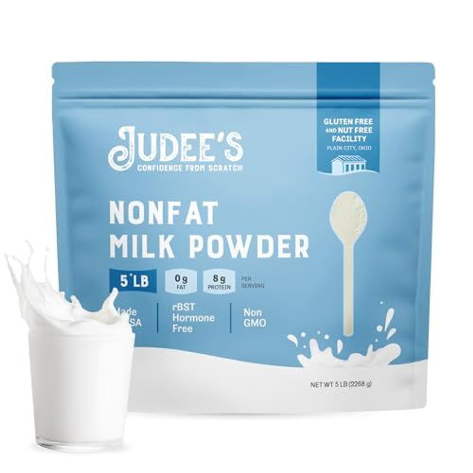 Judees Non-Fat Milk Powder - 100% Non-GMO, Keto-Friendly, rBST Hormone-Free, Gluten-Free, 5 lb