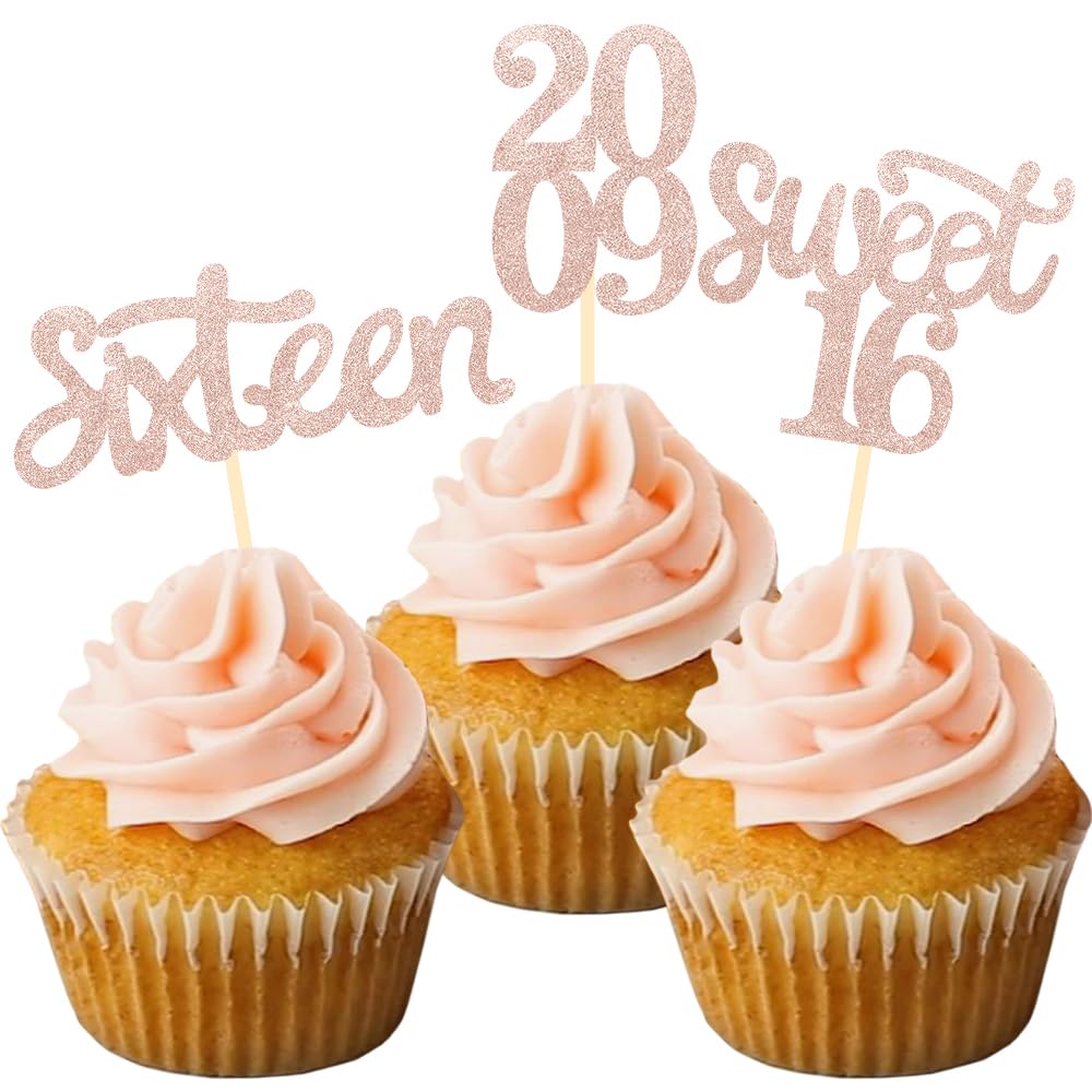 Partico 24 Pcs Cupcake Toppers, Sweet 16 Rose Gold Glitter Decorations, Paper, for 16th Birthday Party