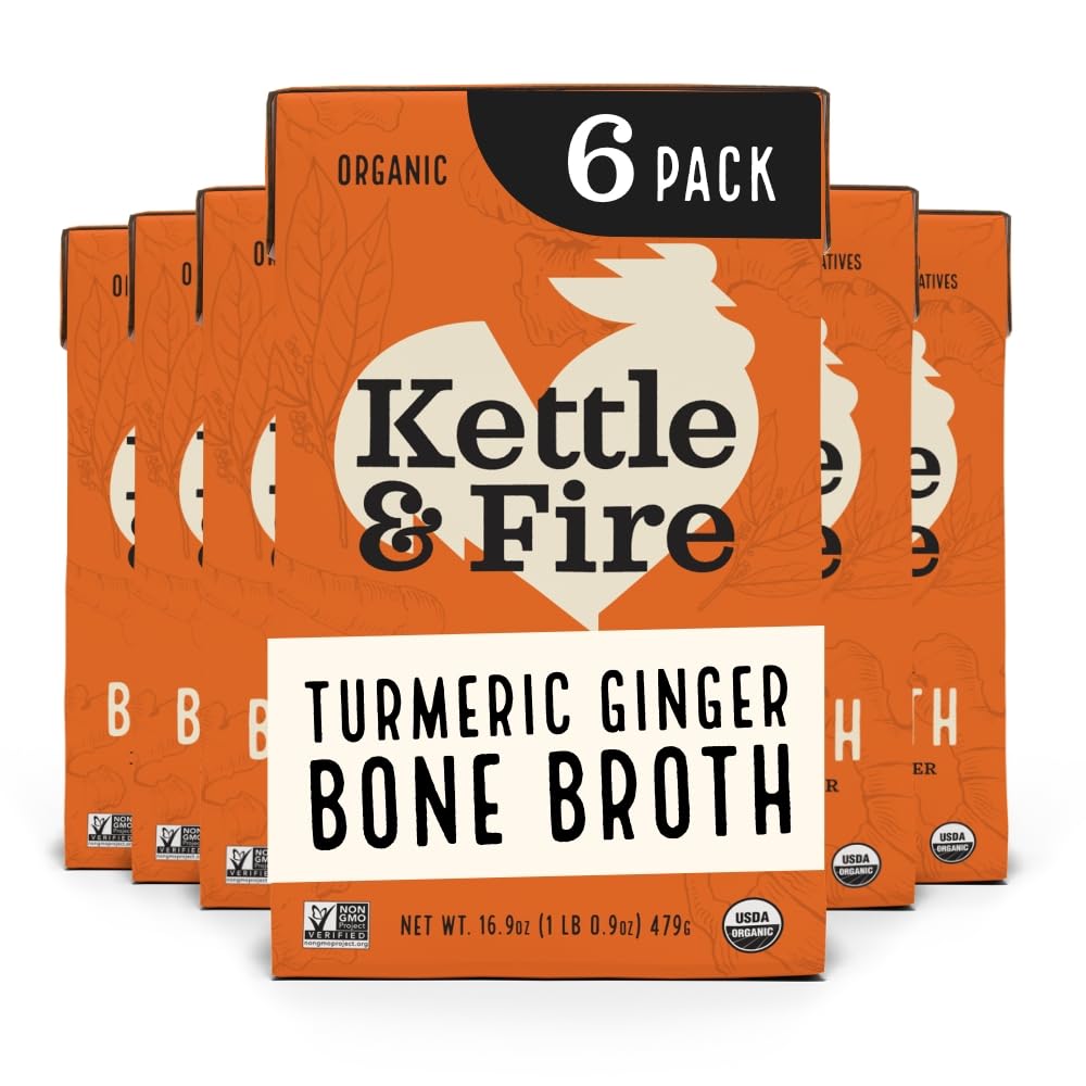 Kettle And Fire Turmeric Flavor Blendger Chicken Bone Broth  Keto  Paleo  Whole 30 Approved  Gluten Free  19G Of Protein  Natural Source Of Collagen  Pack Of 6
