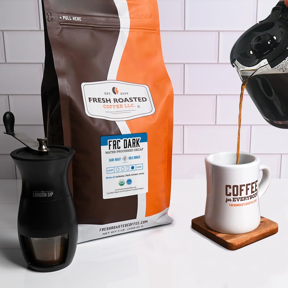 Fresh Roasted Coffee Organic Dark Roast Swiss Water Decaf Whole Bean 5 lb Fair Trade Kosher