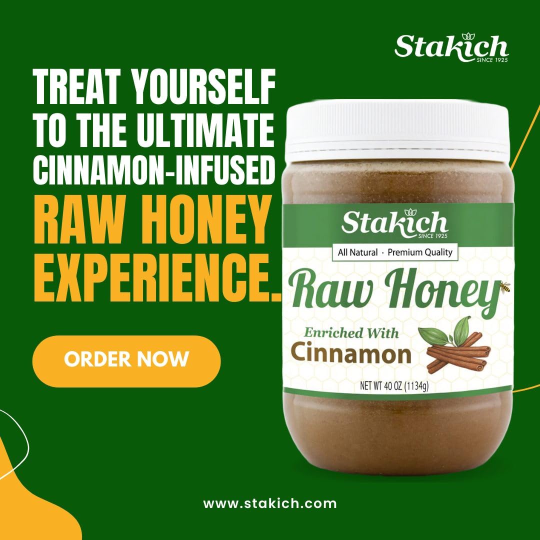 Stakich Cinnamon Enriched Raw Honey - Pure Unprocessed Unheated - 40 Ounce
