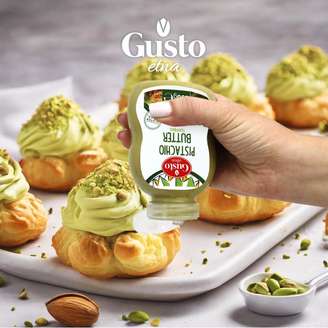 GUSTO ETNA Pistachio Cream/Butter  Squeeze Botttle 200 g (7.05 oz)  Sicilian Pistachio Cream  Ideal for coffee  desserts  Pancakes  gelato  tostadas and more  Product of Italy