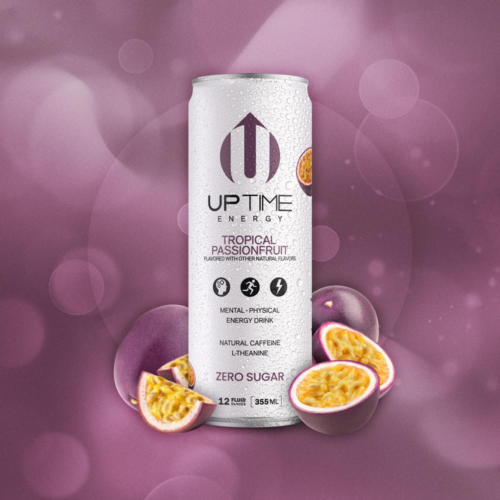 UPTIME Tropical Passionfruit Energy Drink - Zero Sugar, Natural Caffeine, 12oz Cans, Pack of 12