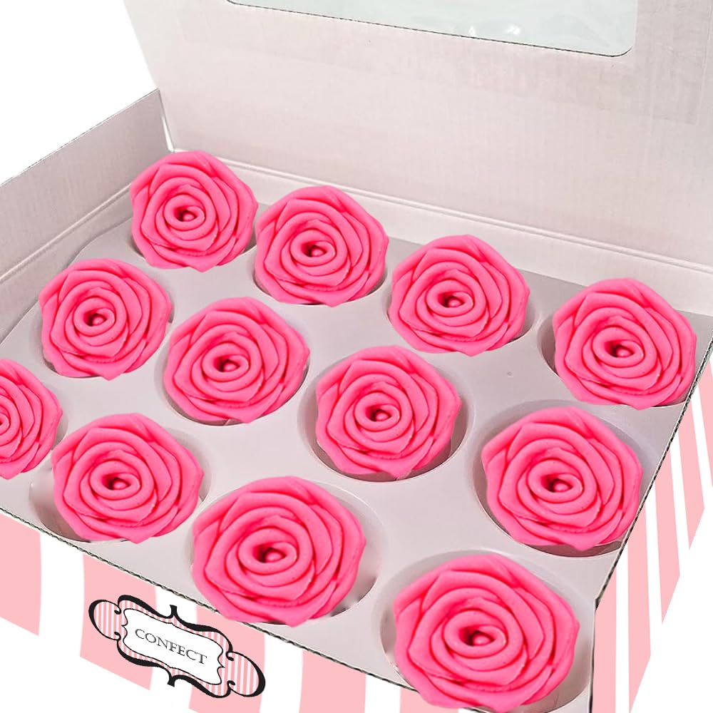 Confect Hot Pink Edible Roses - 12 Pack for Cake & Cupcake Decorating - Vegan, Gluten-Free Floral Toppers for Desserts, Nut-Free