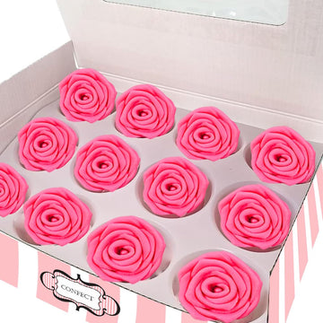 Confect Hot Pink Edible Roses - 12 Pack for Cake & Cupcake Decorating - Vegan, Gluten-Free Floral Toppers for Desserts, Nut-Free