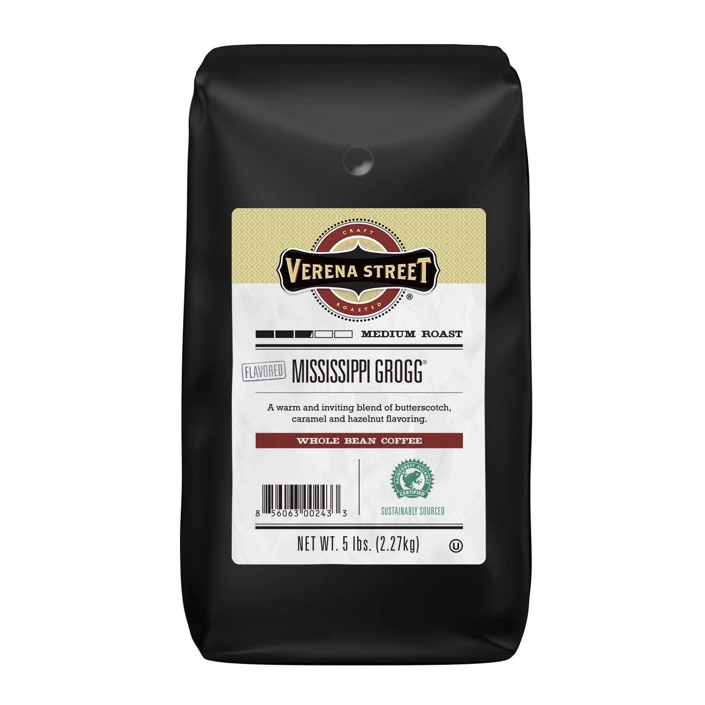 Verena Street Whole Bean Coffee, Mississippi Grogg, Medium Roast, 5 Pound, Rainforest Alliance Certified