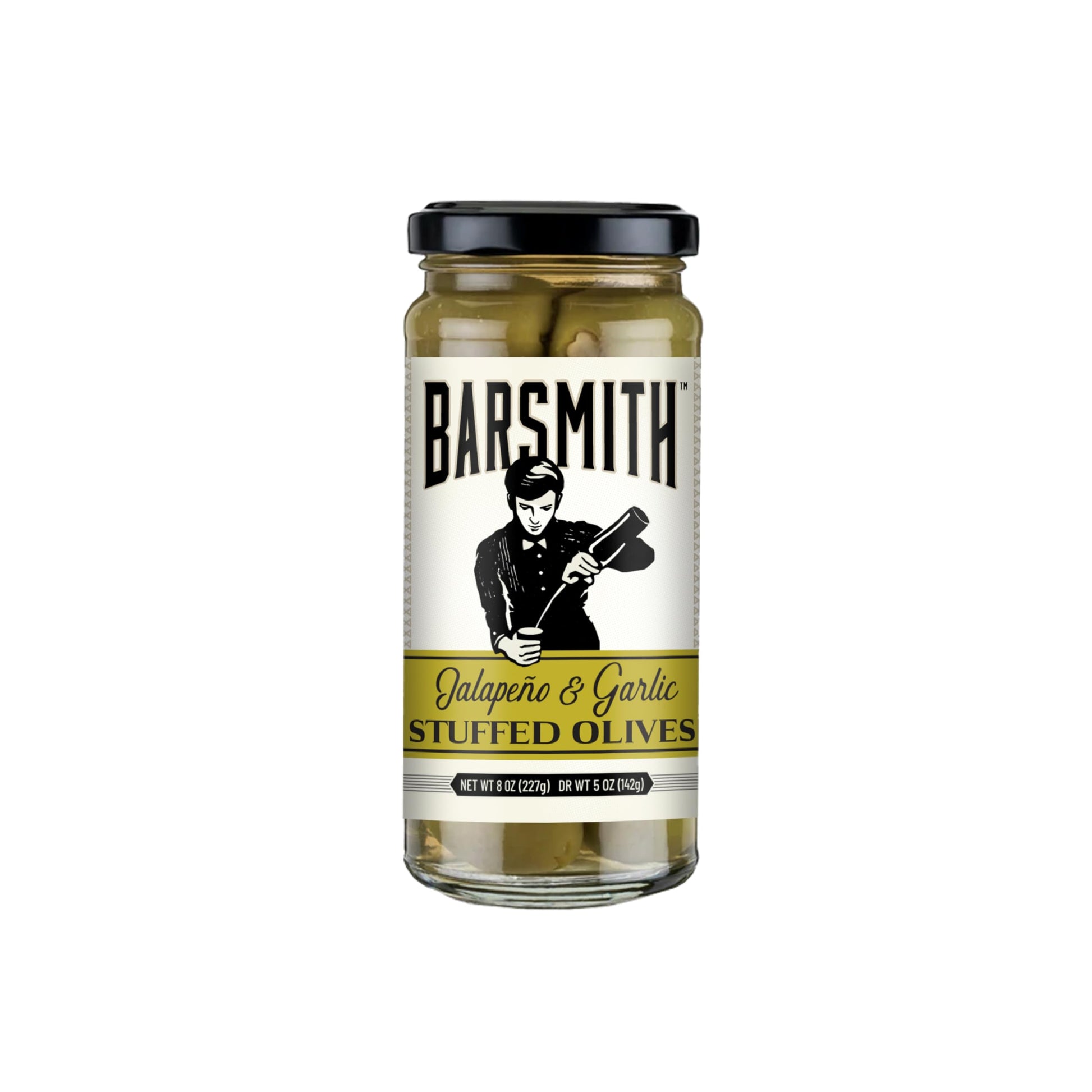 Barsmith Jalapeño & Garlic Stuffed Olives - Gourmet Cocktail Garnish - 8 oz Jar