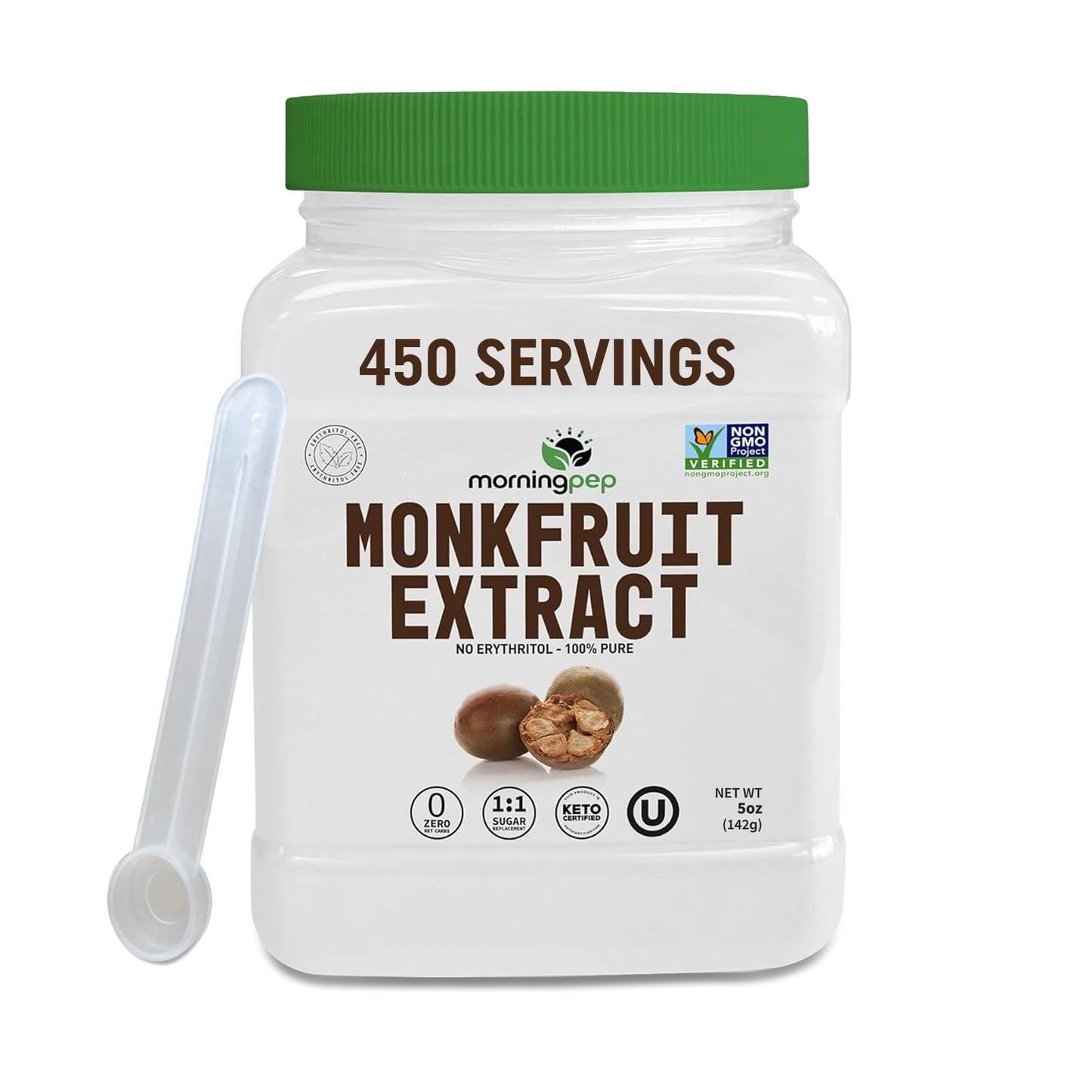 Morning Pep Monk Fruit Extract Sweetener, Non-GMO, Keto Certified, 5 oz, No Erythritol, Zero Calories, Over 450 Servings
