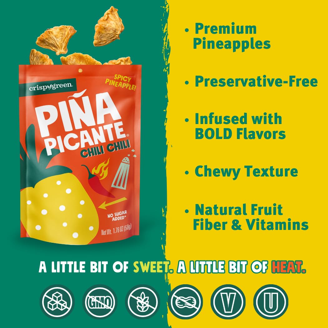 Crispy Green Pia Picante, Double Chili Dried Pineapple, Healthy Real Fruit Snacks, 12 Bags, 1.76 Ounces Each
