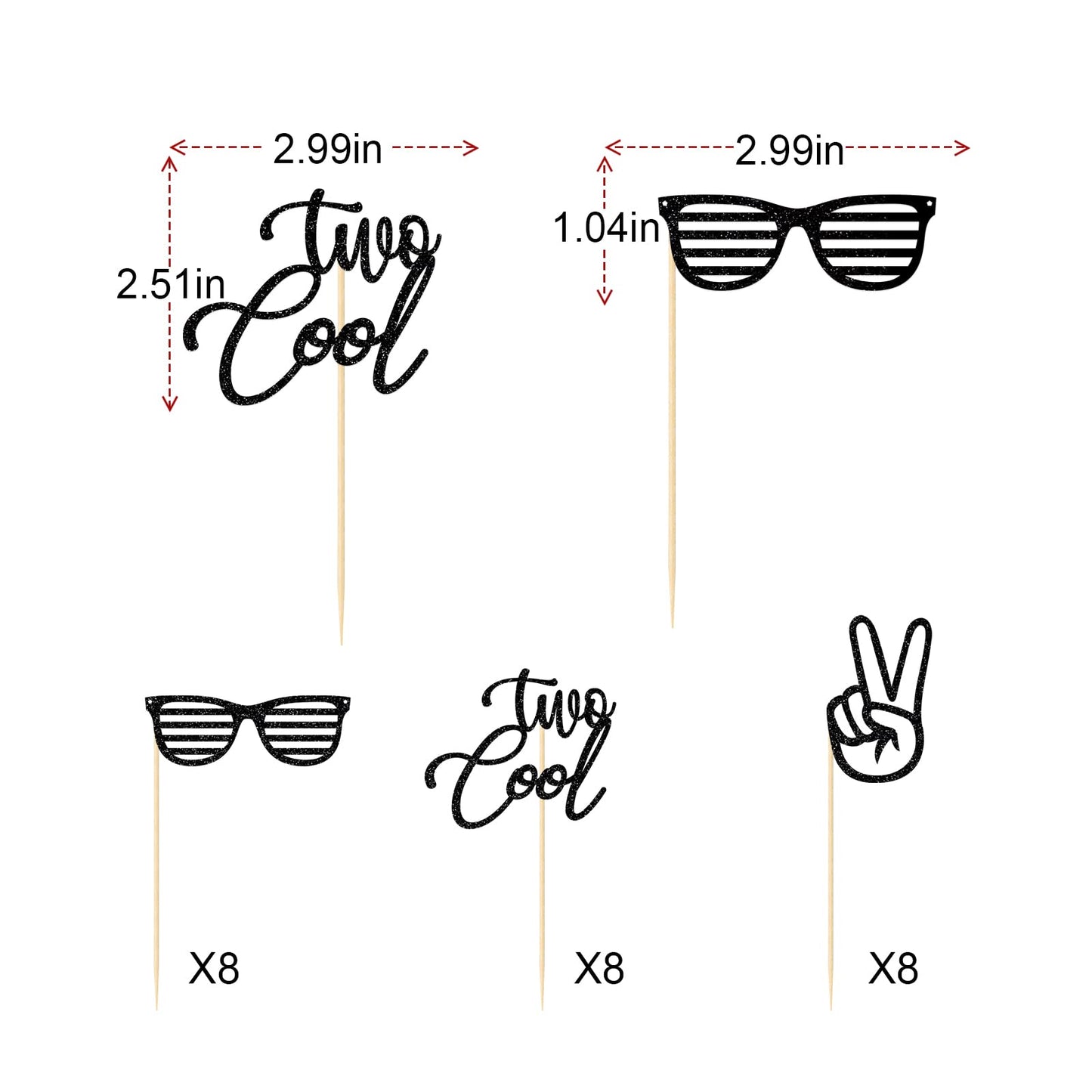 Two Cool Cupcake Toppers, Boy Second Birthday Party, 2Nd Birthday Party Decorations, Glitter Black, 24 Pcs