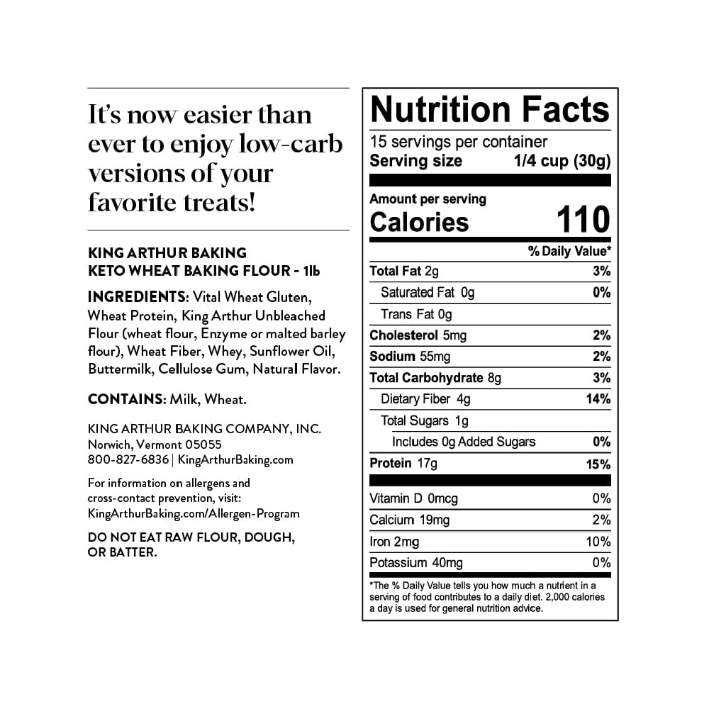 King Arthur Keto Wheat Baking Flour - 1 lb Low-Carb All-Purpose Flour Substitute for Keto Diet - Non-GMO, Resealable Bag