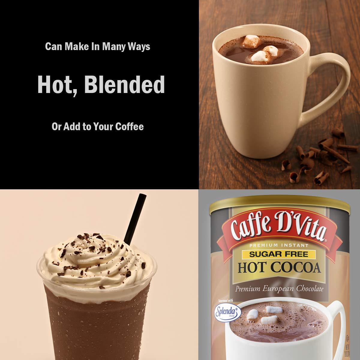 Caffe DVita Sugar Free Hot Cocoa Mix - Gluten Free, Low Fat, 10 Oz Can, Chocolate Flavor