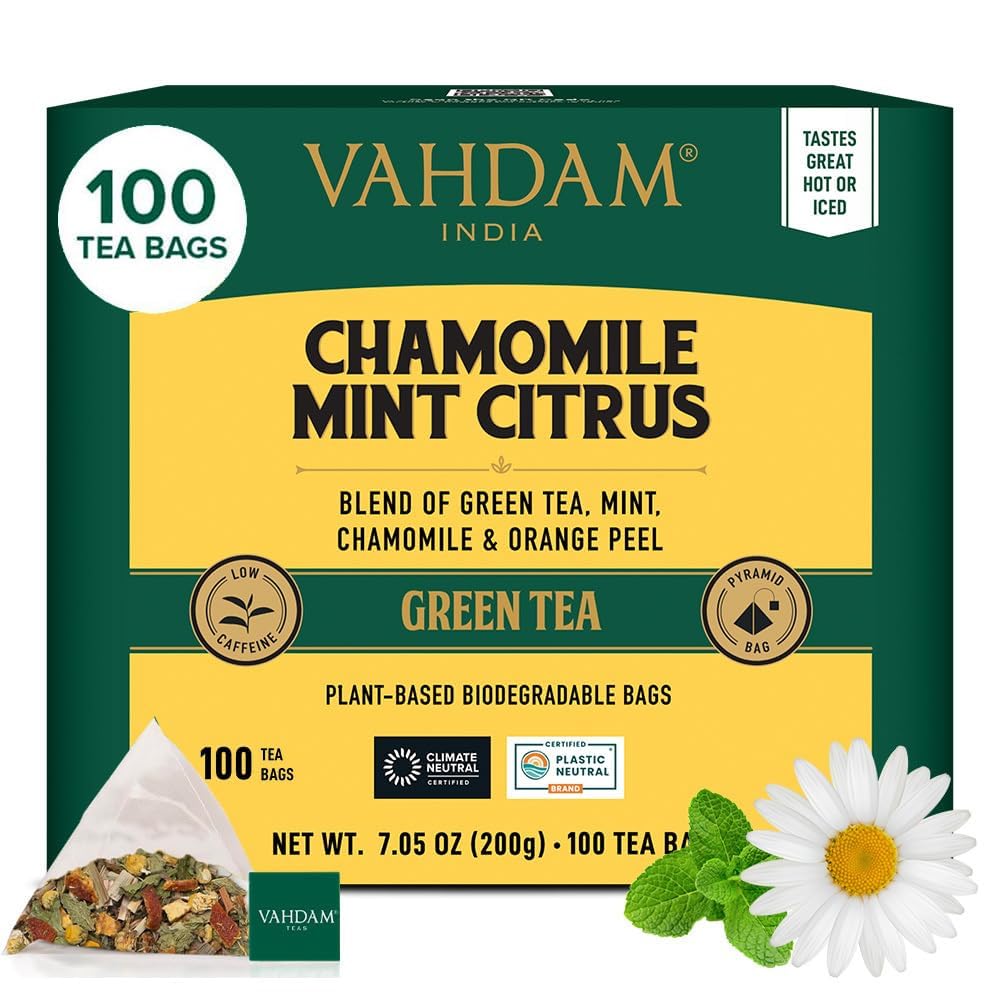 VAHDAM Green Tea Bags, Chamomile with Mint & Citrus, 100 Count, 100% Fresh and Natural