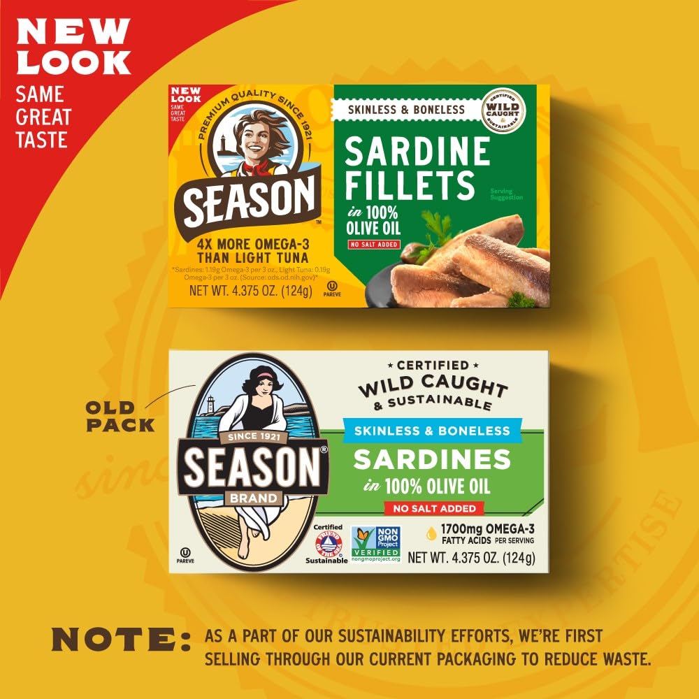 Season Sardines In Olive Oil - Skinless & Boneless, No Salt Added, Wild Caught, 22G Of Protein, Keto Snacks, More Omega 3S Than Tuna, Kosher, High In Calcium, Canned Sardines - 4.37 Oz Tins, 12-Pack