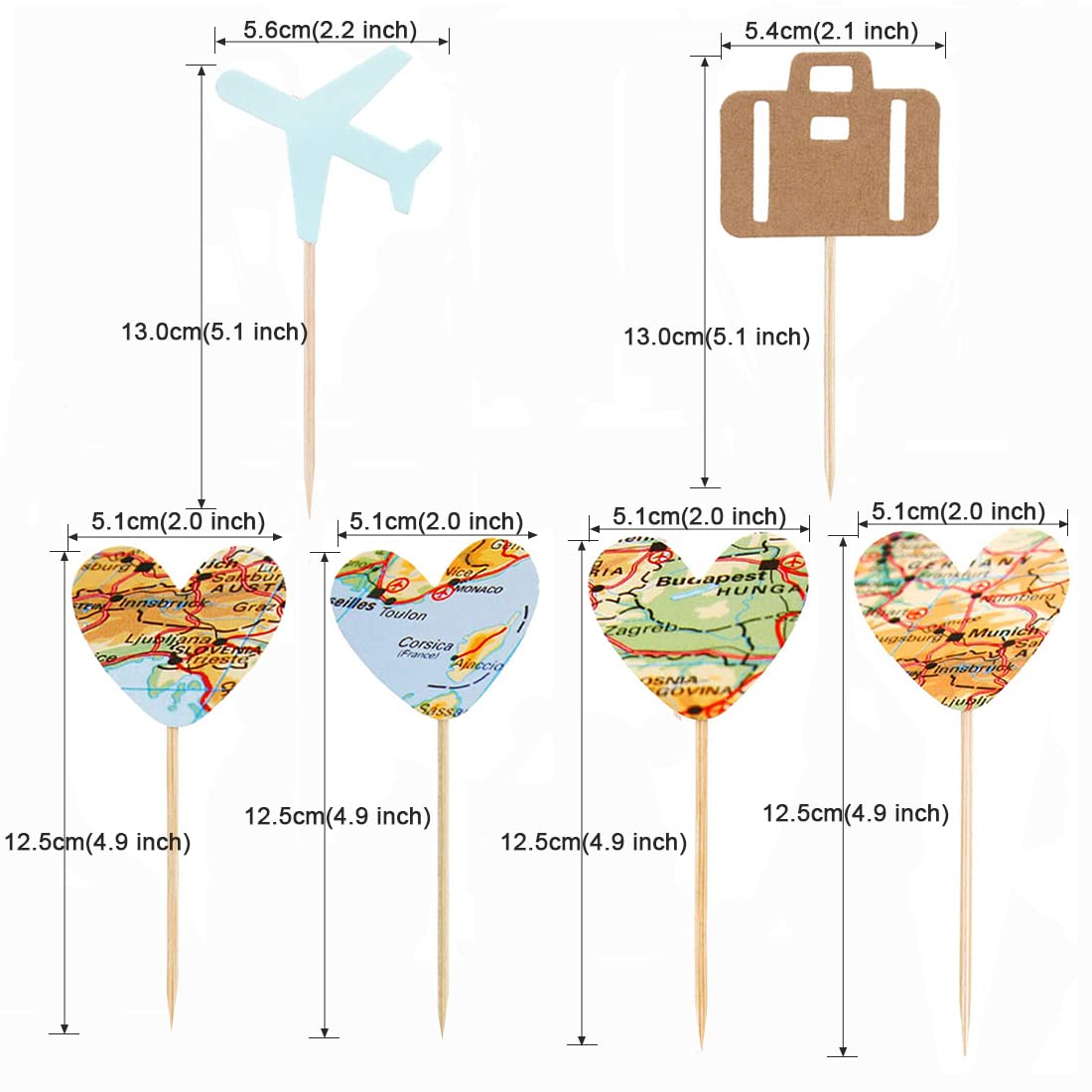 Morndew 24 Pcs Travel Cupcake Toppers Blue Airplane Map Heart Traveling Case Cake Topper Picks For World Awaits Travel Themed Ba
