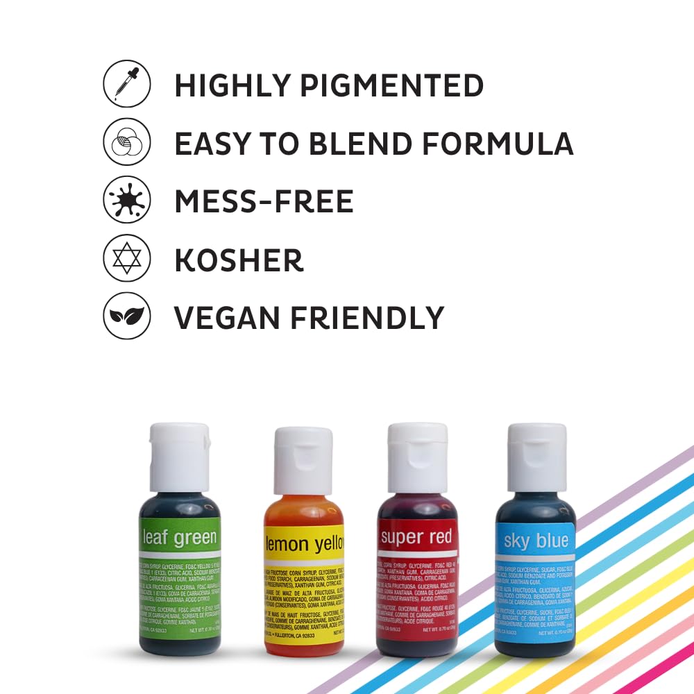 Chefmaster - Primary Colors Liqua-Gel Food Coloring Kit - Water-Based Food Coloring Gel - 4 Pack - Highly Pigmented Gel, Create Vividly Colored Desserts, Easy-To-Blend Formula - Made In The Usa
