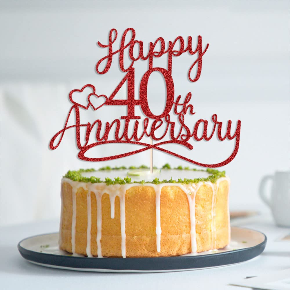 Sleyberoy red Glitter Happy 40th Anniversary Cake Toppers -Wedding Anniversary Party Decorations, 40th Wedding Anniversary, Comp