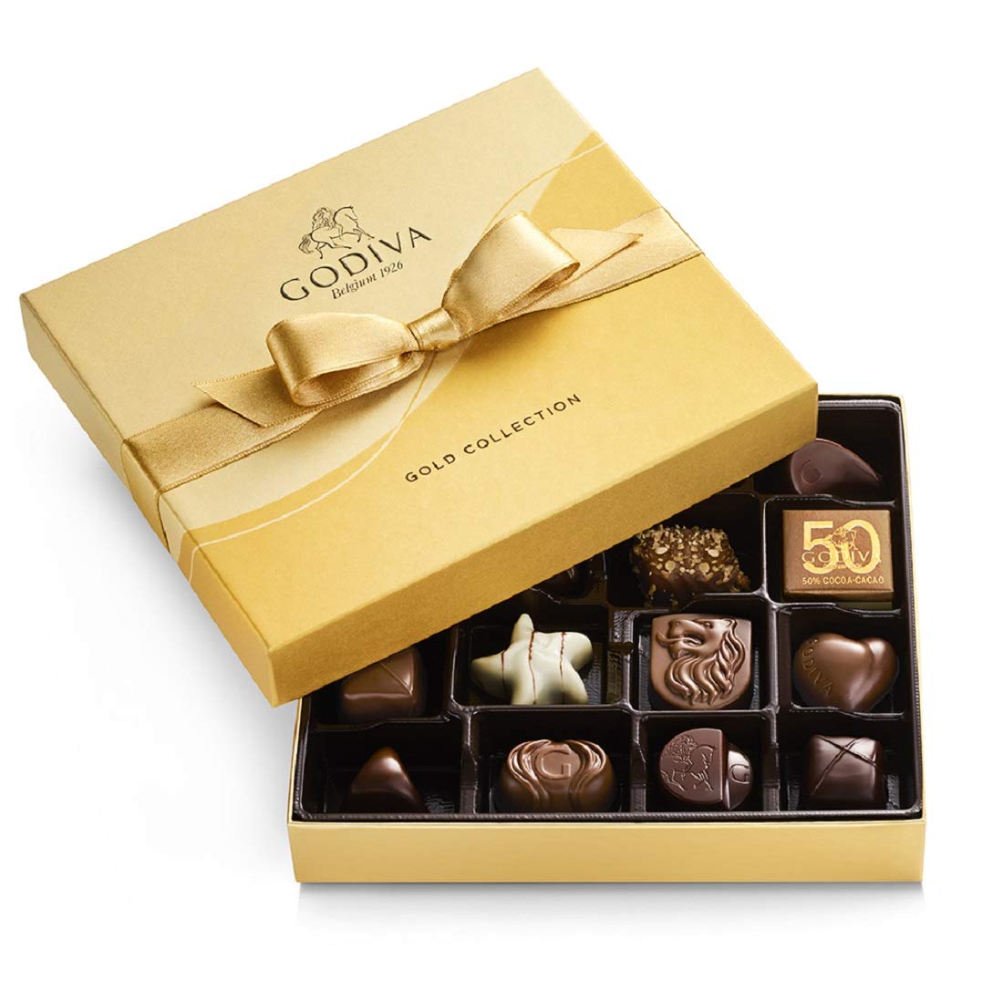Godiva Chocolatier Chocolate Gift Box For Birthday, Thank You, Anniversary, Congratulations Gift Basket Gold Ribbon Gourmet Candy Assortment With Praline, Caramel In Milk, White, Dark Chocolate, 19Pc