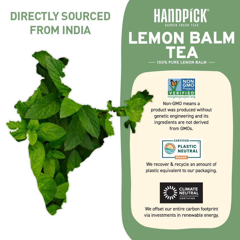 HANDPICK Lemon Balm Tea Bags - Caffeine-Free Herbal Tea, Citrus Flavor, 100 Count