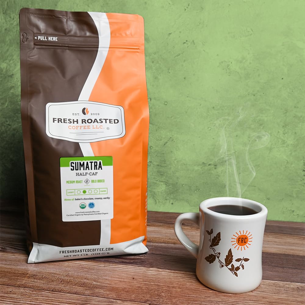 Fresh Roasted Coffee Organic Sumatra Half-Caf Whole Bean 5 lb Medium Roast USDA Organic Kosher
