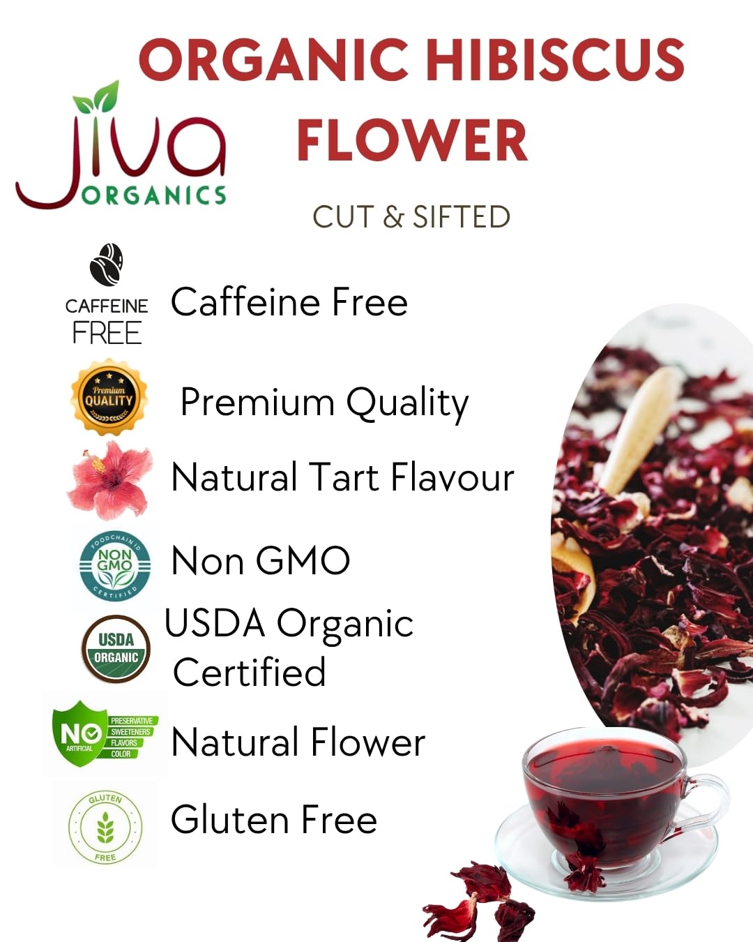 Jiva Organics Organic Hibiscus Flowers - 100% Pure, Cut & Sifted, 1 LB, Gluten Free, Non GMO, Caffeine Free