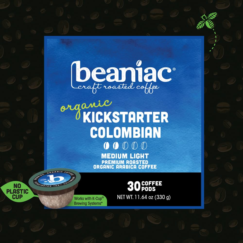 Beaniac Organic Kickstarter Colombian, Medium Light Roast, Single Serve Compostable K Cup Coffee Pods, Organic Arabica Coffee, Keurig Brewer Compatible, 30 Count