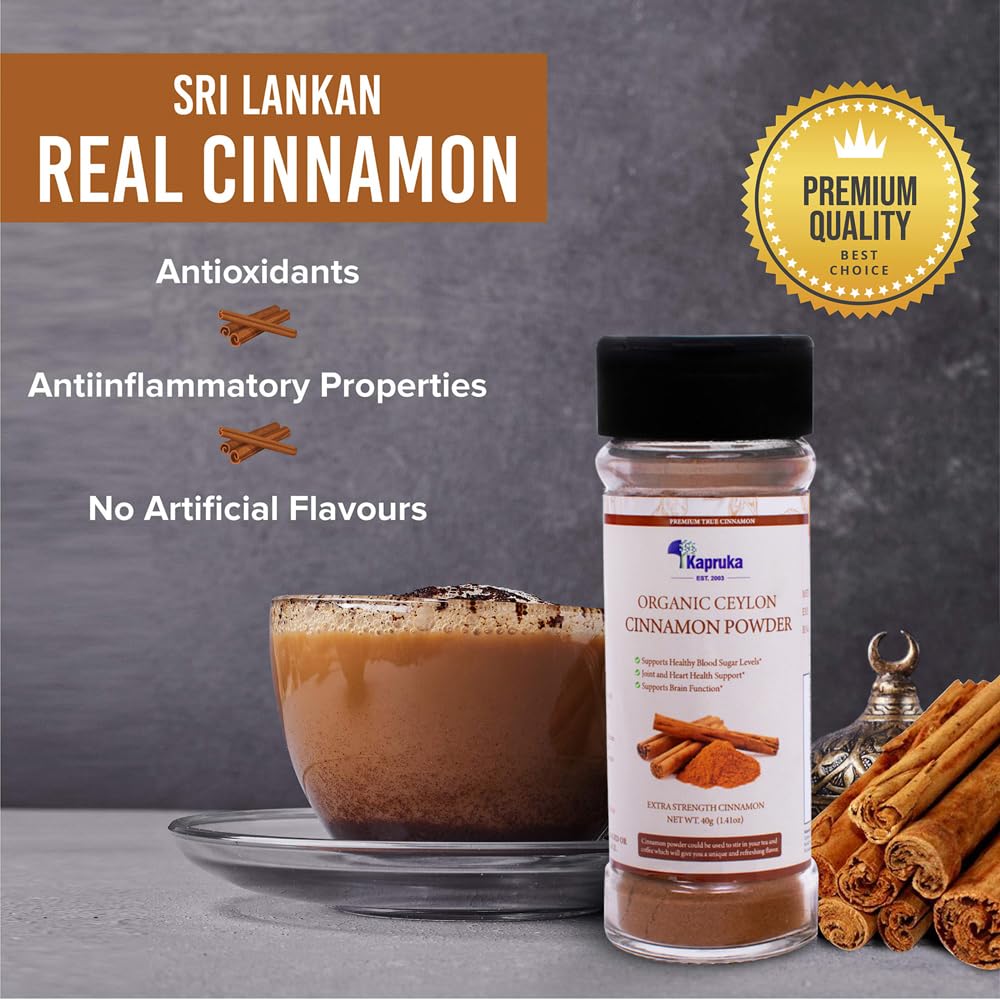 KAPRUKA Organic Ground Ceylon Cinnamon Powder, 1.41 oz Glass Jar with Shaker