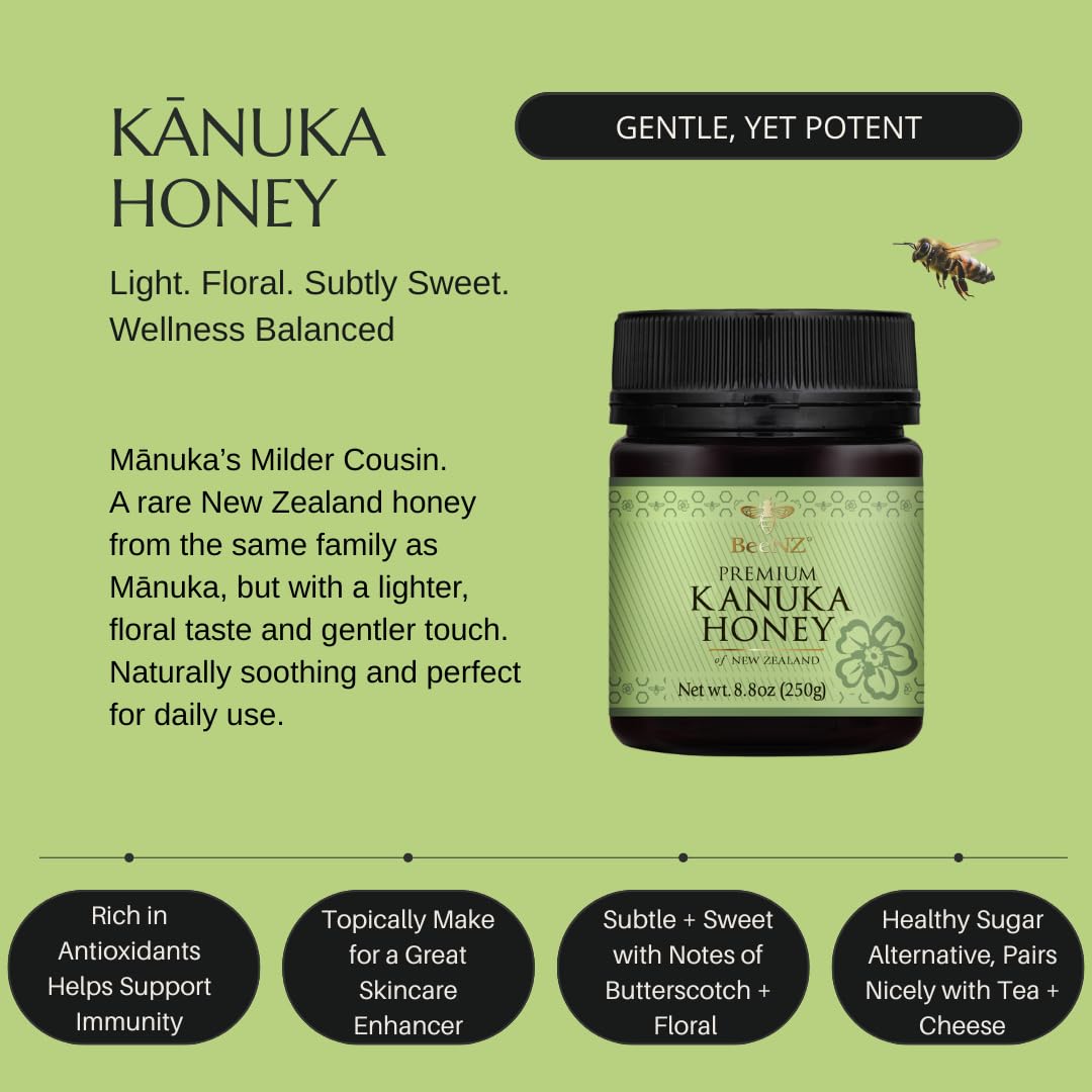 BeeNZ Raw Kanuka Honey - Pure New Zealand Monofloral Kanuka Honey, Natural Sweetener & Superfood for Wellness, Skin Care, and Go