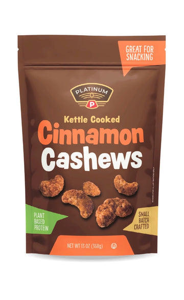 Platinum Kettle Cooked Cinnamon Cashews - Plant Based Protein, Fiber, Healthy Snack - Sweet & Spicy Flavors - Can Bring At Home, Work, Office, Gym & School - 13 Oz Individual & Resealable Pouch