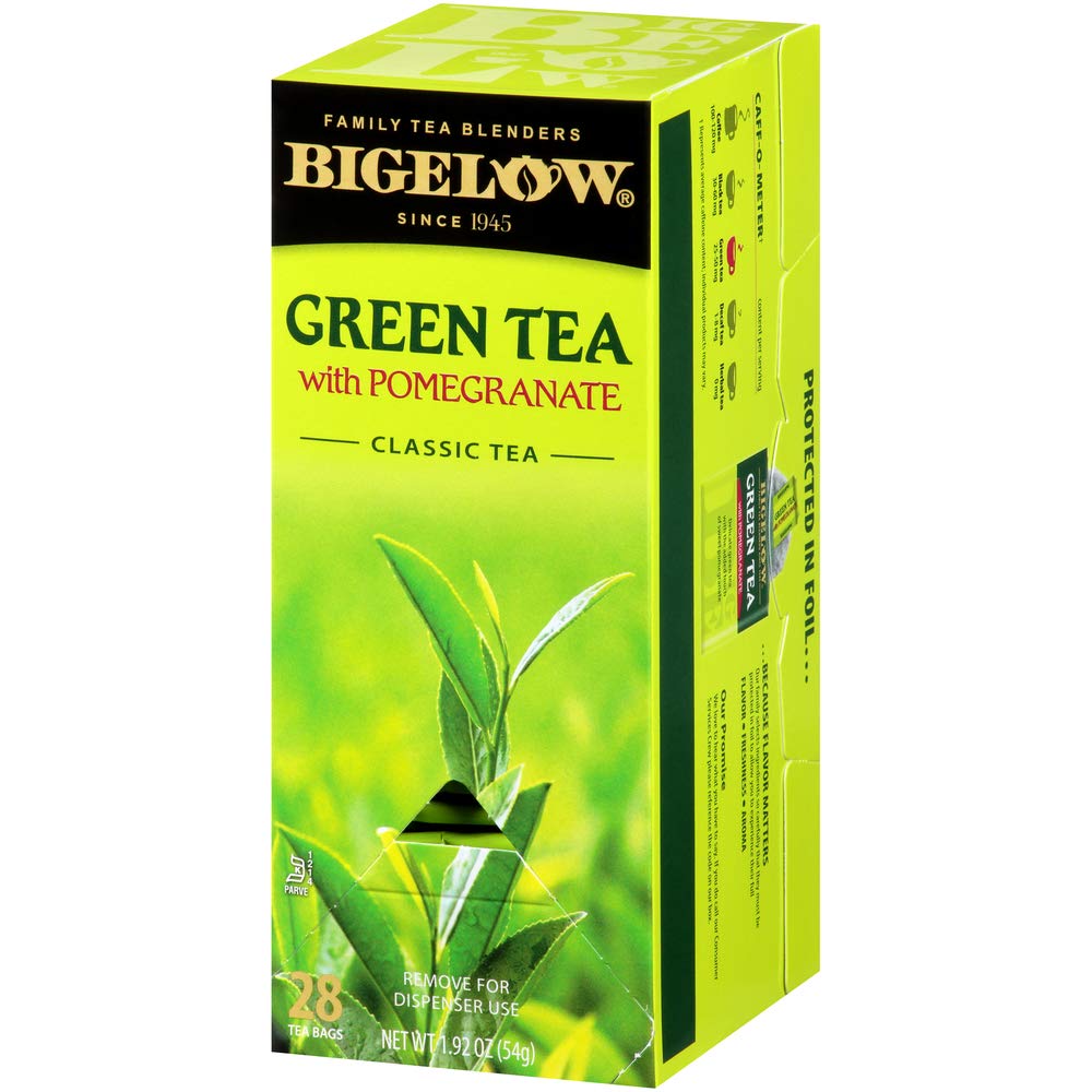 Bigelow Tea Green Tea With Pomegranate 28-Count Box (Pack Of 1) Enhanced Green Tea With Pomegranate Rosehips Hibiscus Antioxidant-Rich All Natural Medium-Caffeine Tea In Foil-Wrapped Bags