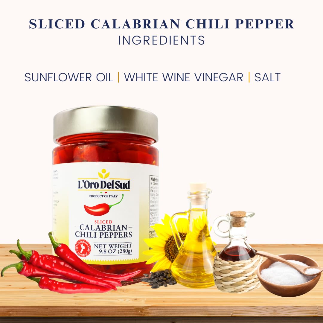 LOro Del Sud Sliced Calabrian Chili Pepper, Chopped Rings, 9.8 oz (280 gm), Certified Authentic, Italian, Peperoncini Calabrese