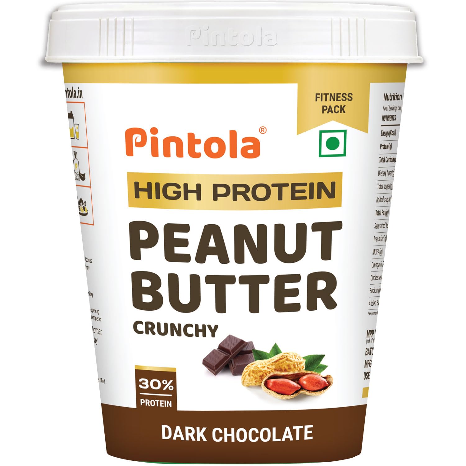 Pintola High Protein Peanut Butter Chocolate Flavour Crunchy 510G, Added Whey Protein, 30G Protein 6.2G Fiber, Gluten Free, Zero