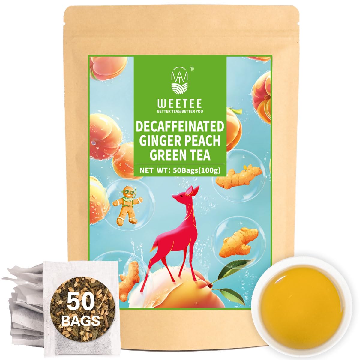 WT WEETEE Decaf Ginger Peach Green Tea Bags, 50 Count, Natural Flavor, Ideal for Iced Tea