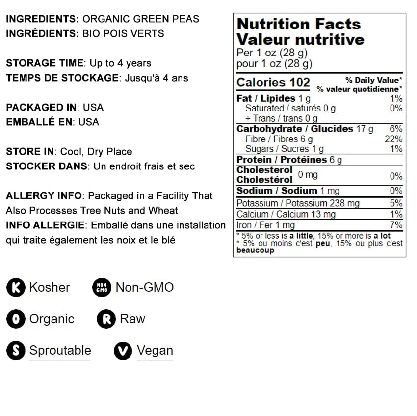 Food to Live Organic Whole Dried Green Peas, 15 Pounds - Non-GMO, Green Vatana, Sproutable, Vegan, Kosher, Bulk. Pre-Soak Needed