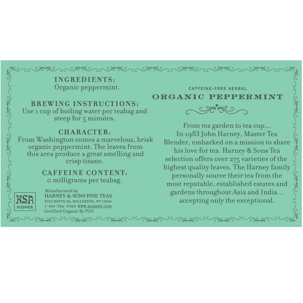Harney & Sons Organic Peppermint Tea Bags, Green, 50 Count (1.76oz/50g), Model 16119