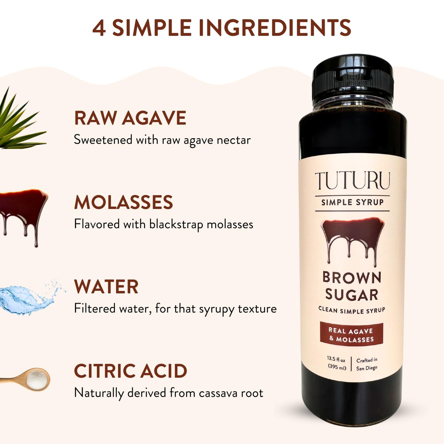 TUTURU Botanical Coffee Brown Sugar Agave Simple Syrup - Sweetened with Raw Agave Nectar, 13.5 Fl Oz