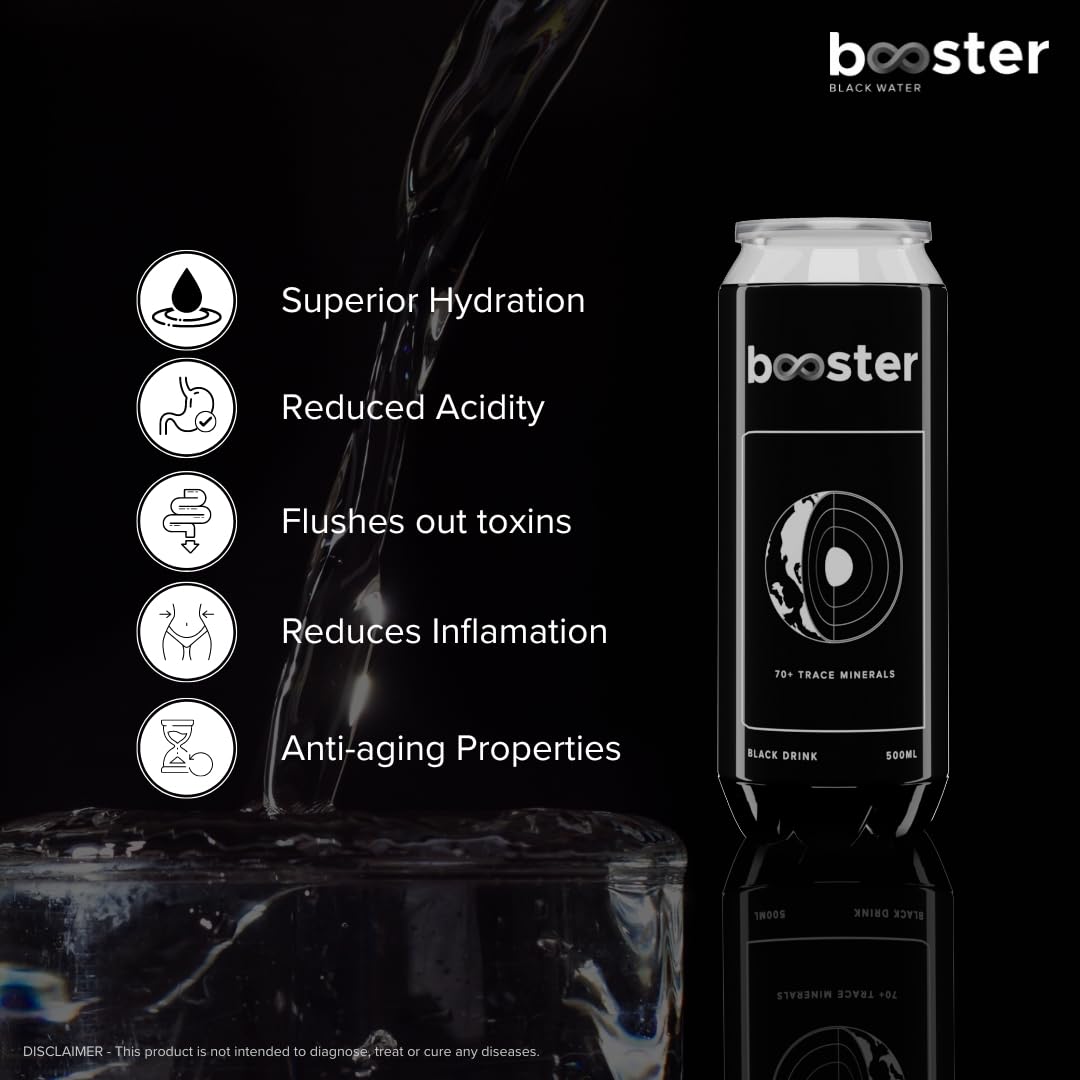 Booster Black Alkaline Drink | Superior Hydration With Infused Essential Minerals | 8+ Ph Alkaline (500 Ml Each Can) Better Than