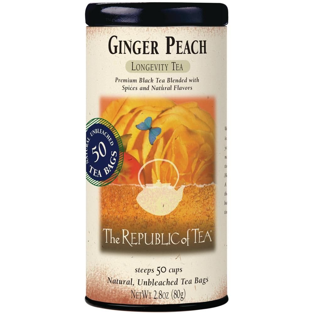 The Republic of Tea Ginger Peach Black Tea, Caffeinated, 50 Count, White, Model 0742676400028