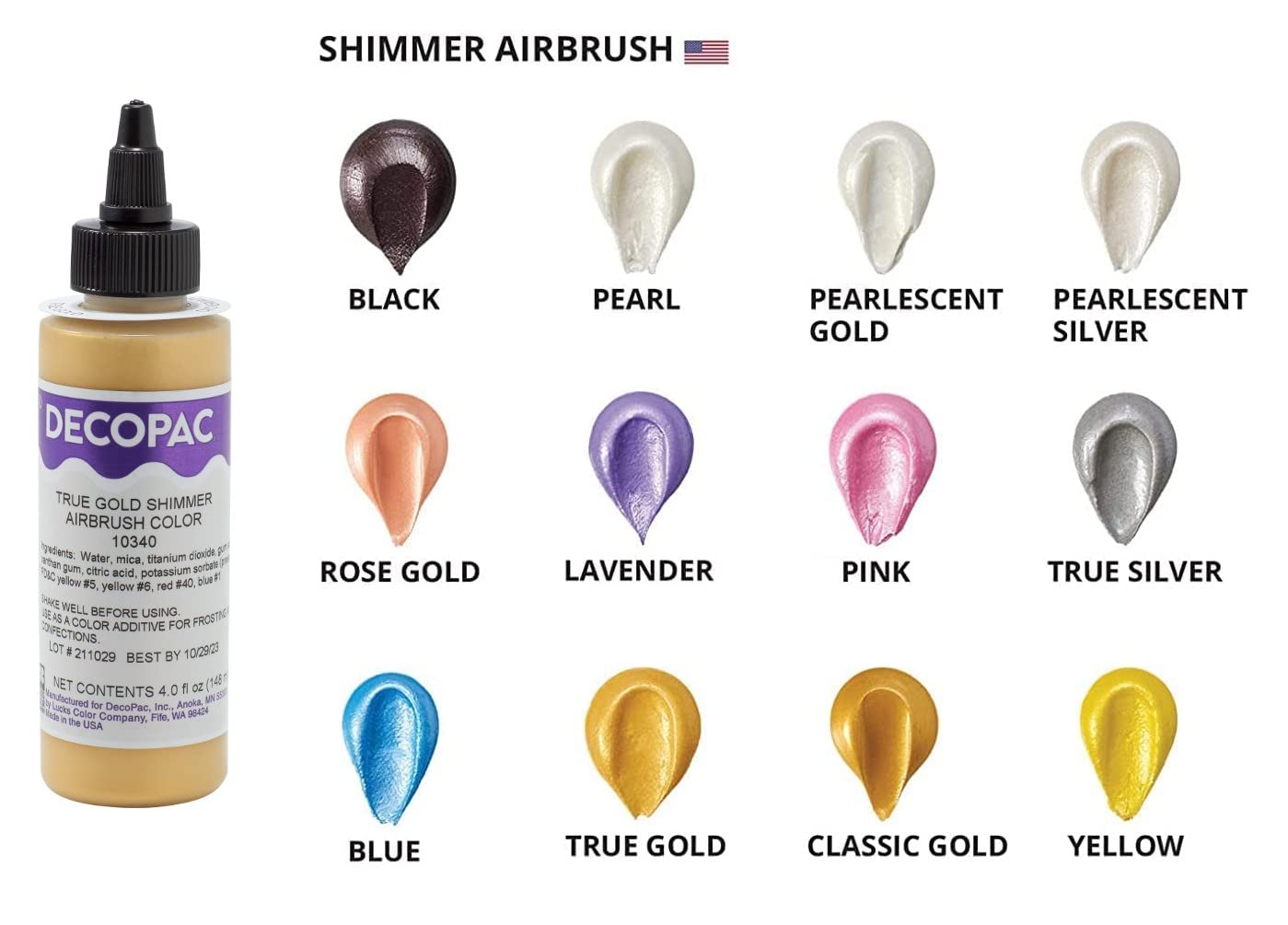 DecoPac Premium Airbrush Color, Edible Paint, True Gold Shimmer, 4oz, Model 10340
