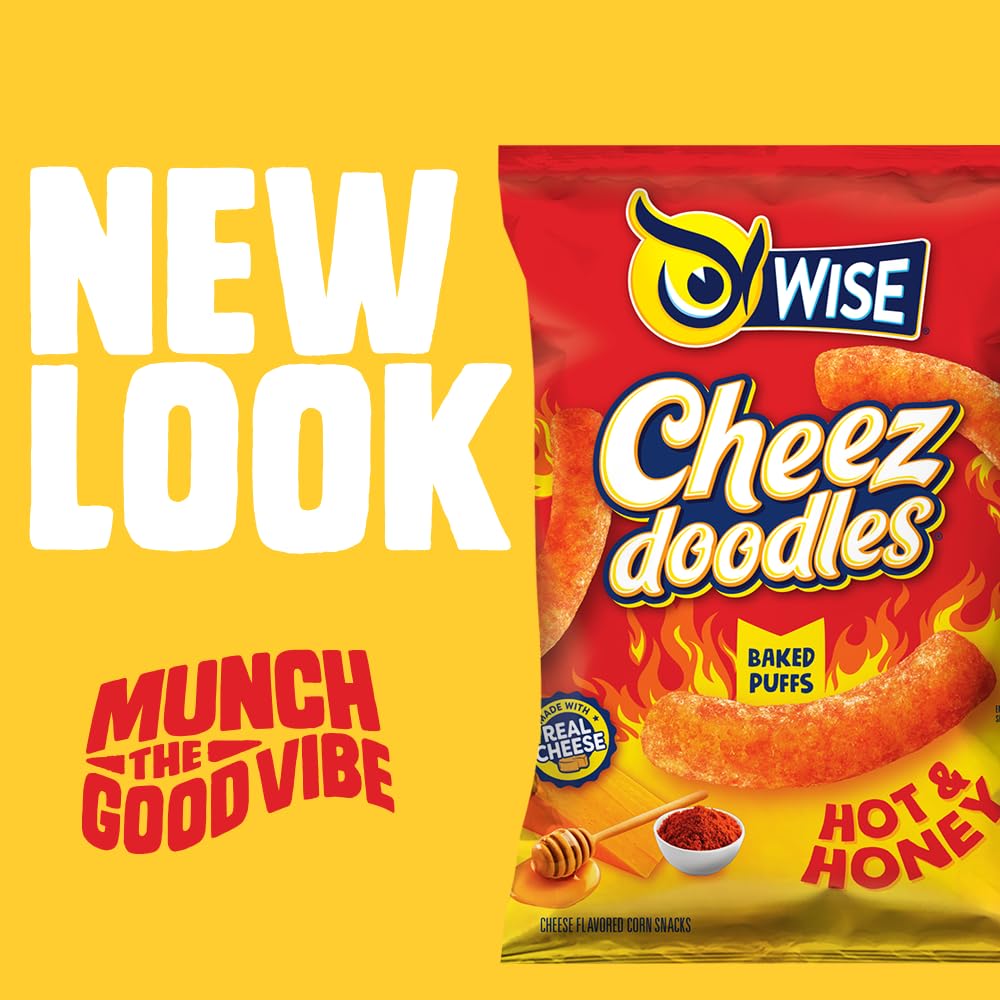 Wise Snacks Cheez Doodles Baked Puffs, Hot And Honey, Individual Snack Size Bags, School And Halloween Snacks For Kids, Gluten Free, 0G Trans Fat, No Preservatives, 0.75 Oz (42 Count)