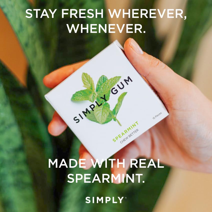 SIMPLY Gum Spearmint, Plastic-Free Natural Chewing Gum, 6 Pack (90 Pieces) | Vegan, Kosher, Non GMO, Aspartame Free and Sorbitol