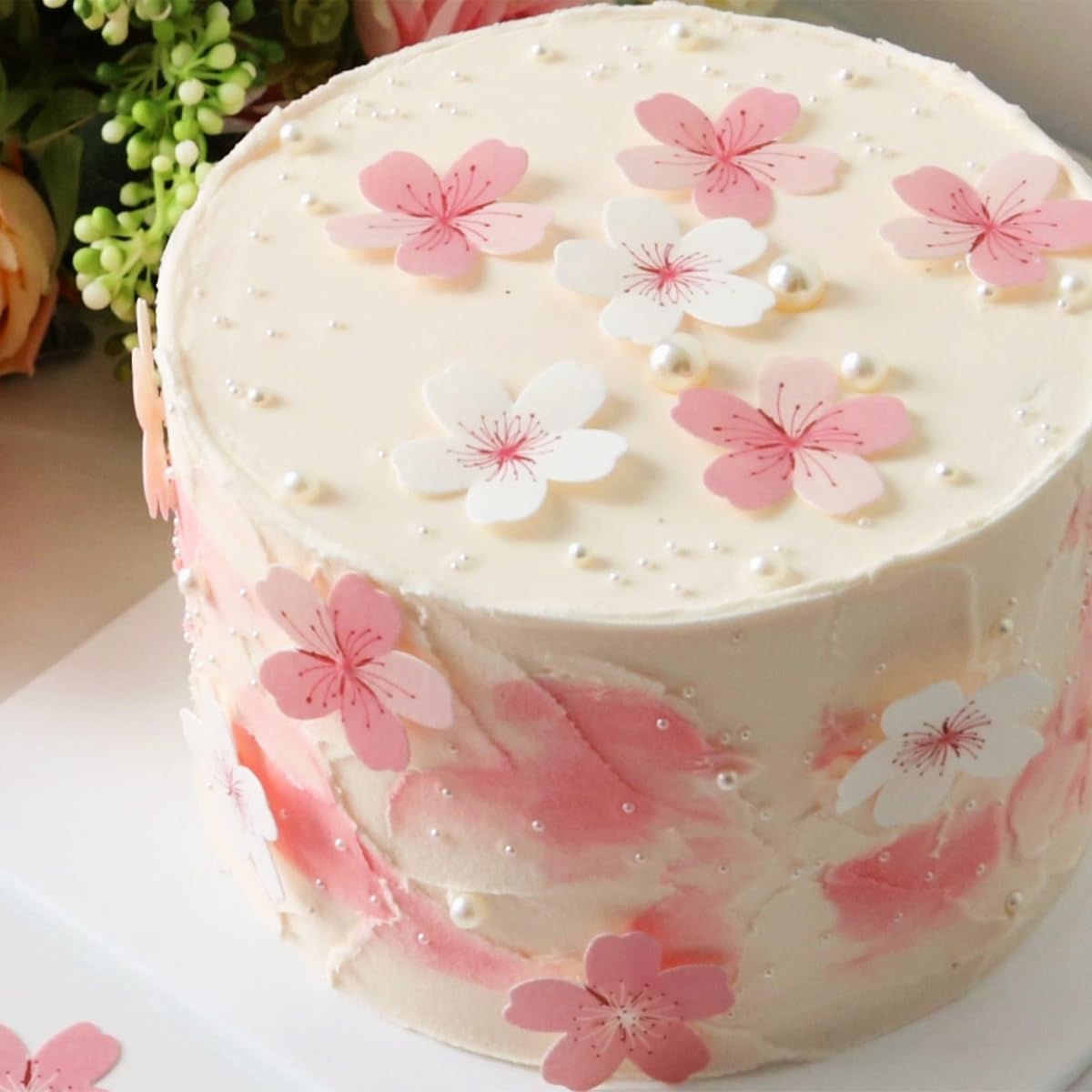 60 Pcs Edible Flowers Cake Topper Cupcake Toppers Decorations Wafer Paper Pink Cherry Blossom Flowers Wedding Themed Party Birth