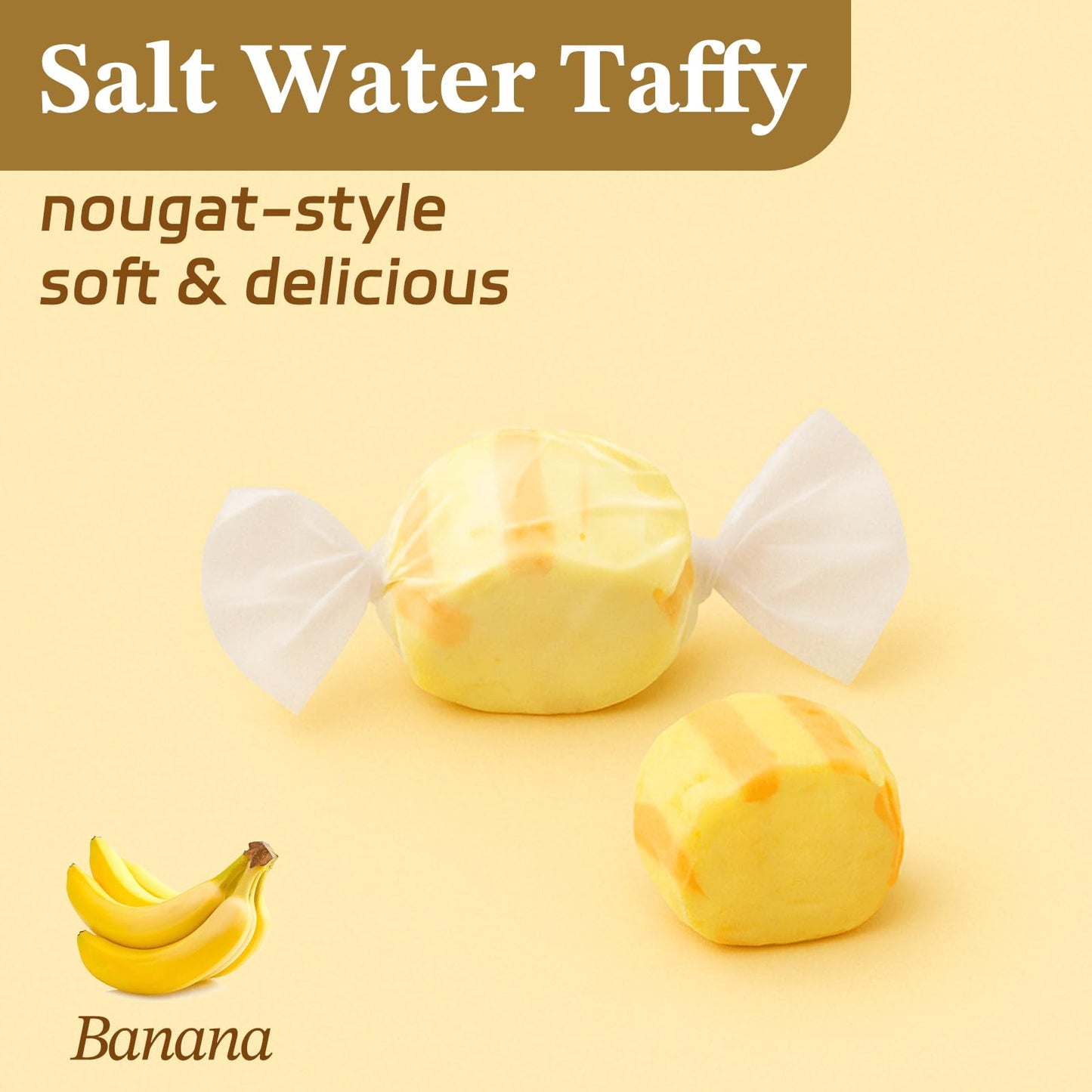 Banana Salt Water Taffy By Snack Attack, Individually Wrapped Bulk 5Lb Bag - Chewy Saltwater Taffy Candy, Classic Banana Flavor