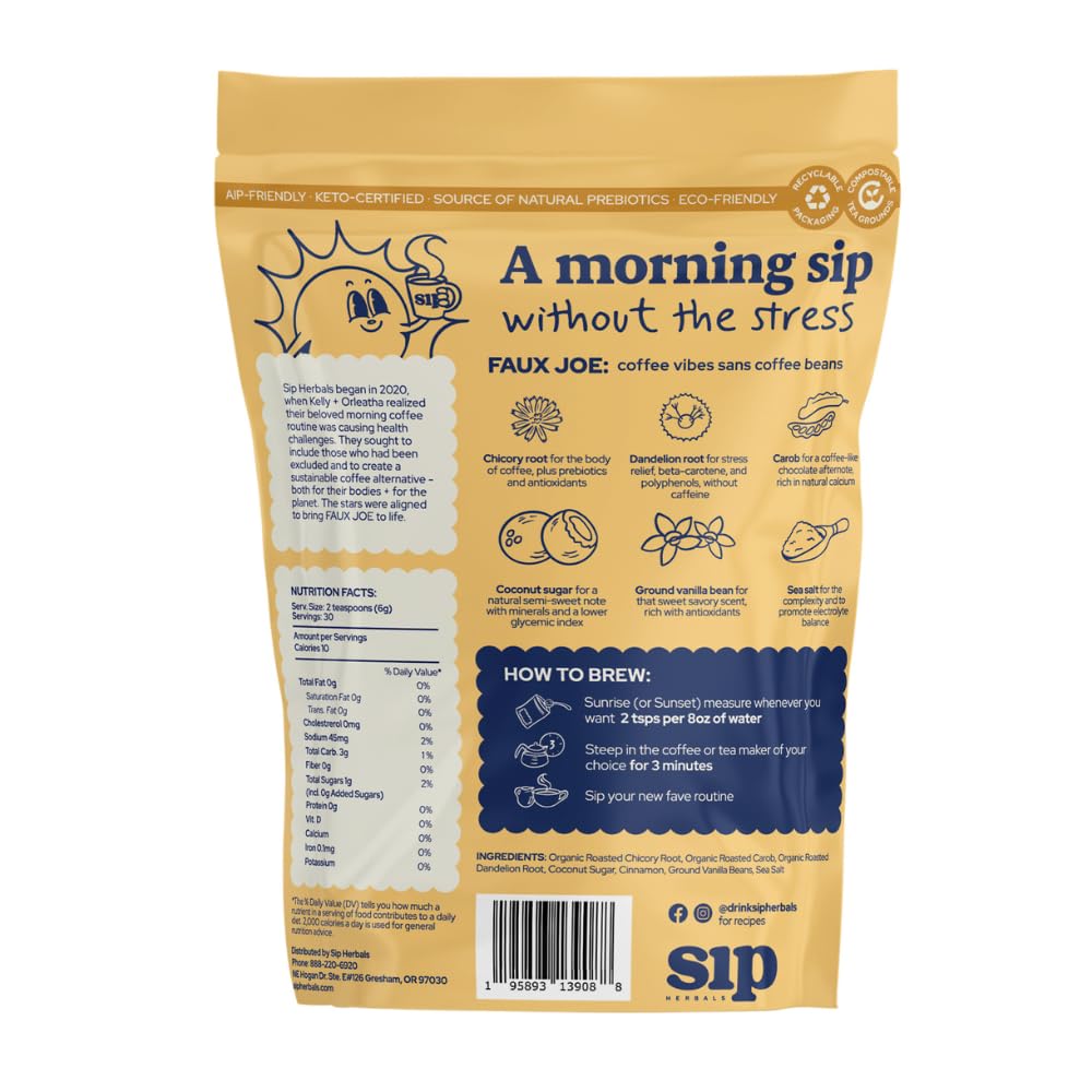 Sip Herbals Herbal Coffee Alternative - Caffeine Free, Organic, Cinnamon Roll Flavor - 30 Servings