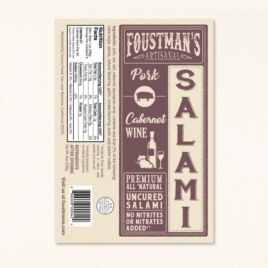 Foustmans Salami Pork, Nitrate-Free, Gluten-Free, Dairy-Free, 8 Oz Each, Pack of 6