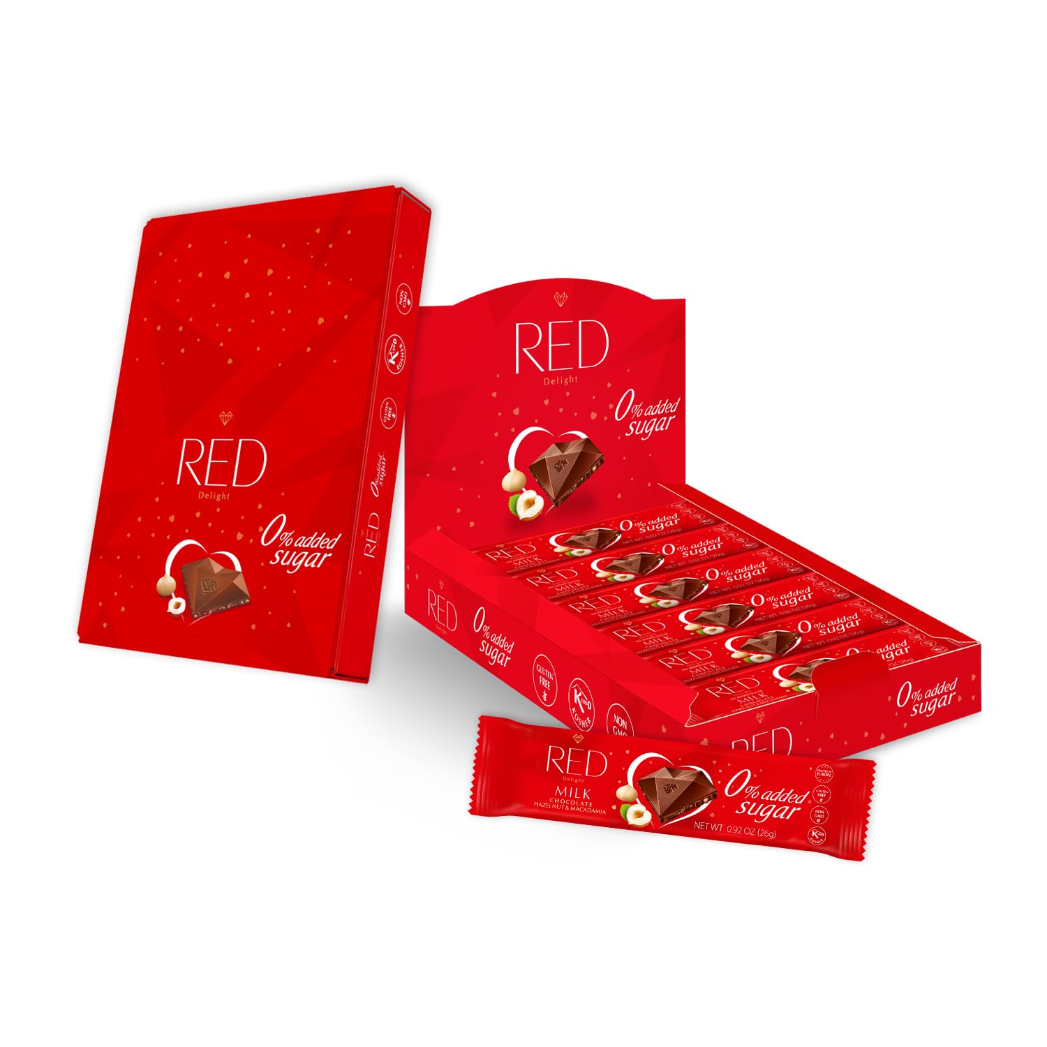 Red Delight Hazelnut And Macadamia Milk Chocolate Snack Bars - Pack Of 24 Diamond-Shaped Milk Chocolates (22.08Oz) With Rich Cocoa Flavor - European-Style Chocolates - No Added Sugar And Kosher