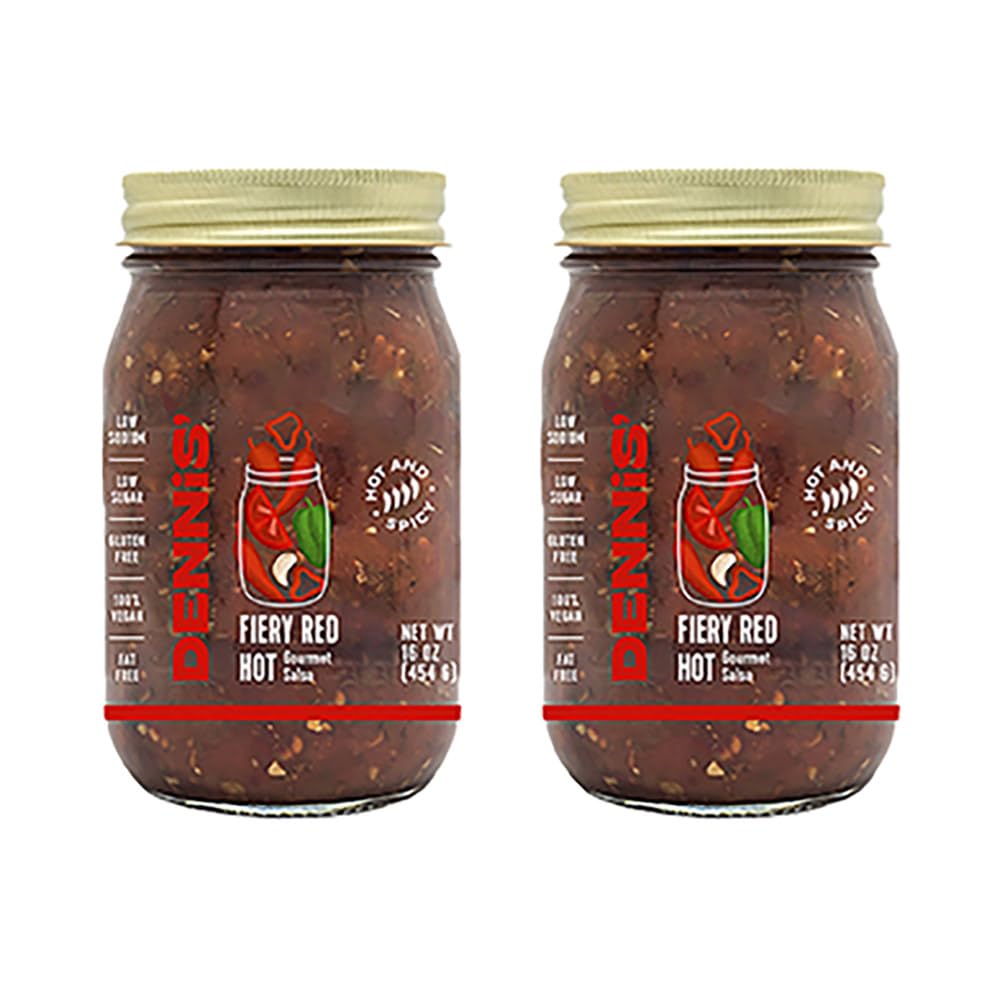 Dennis All-Natural Fiery Red Salsa - Hot, Low Sugar, Vegan Friendly, 2-16 oz Jars