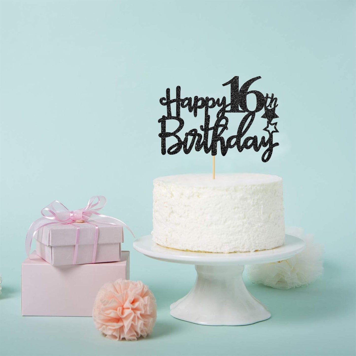 Black Glitter Happy 16Th Birthday Cake Topper, 16Th Anniversary, Sweet 16, Cheers To 16 Years Party Decorations